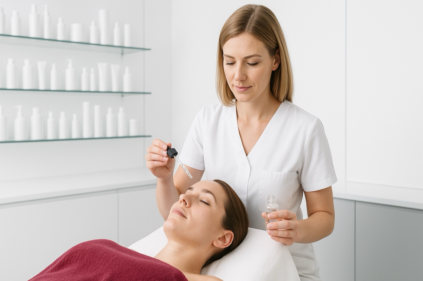 Kosmetikerin trägt einer Kundin mit einer Pipette ein Serum auf